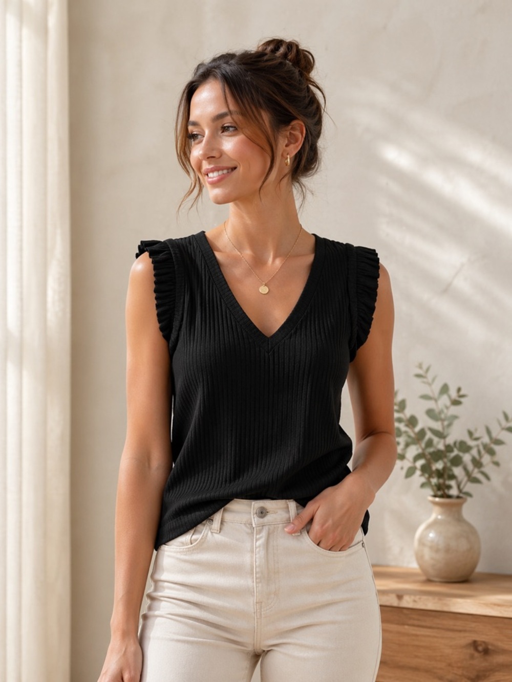 Nine West Black V-Neck Ruffle Top